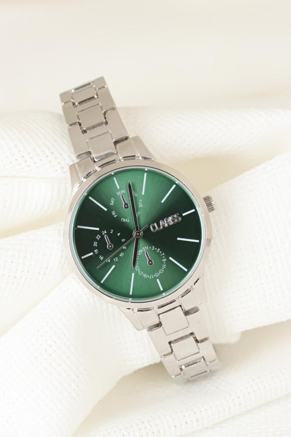 Silver Renk Kaplama Metal Kordonlu Yeşil Renk İç Tasarımlı Clariss Marka Bayan Kol Saati