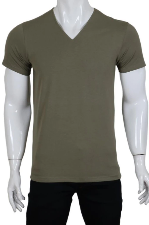 Erkek Tişört Dar Kesim V Yaka RAR00615 Haki T-Shirt