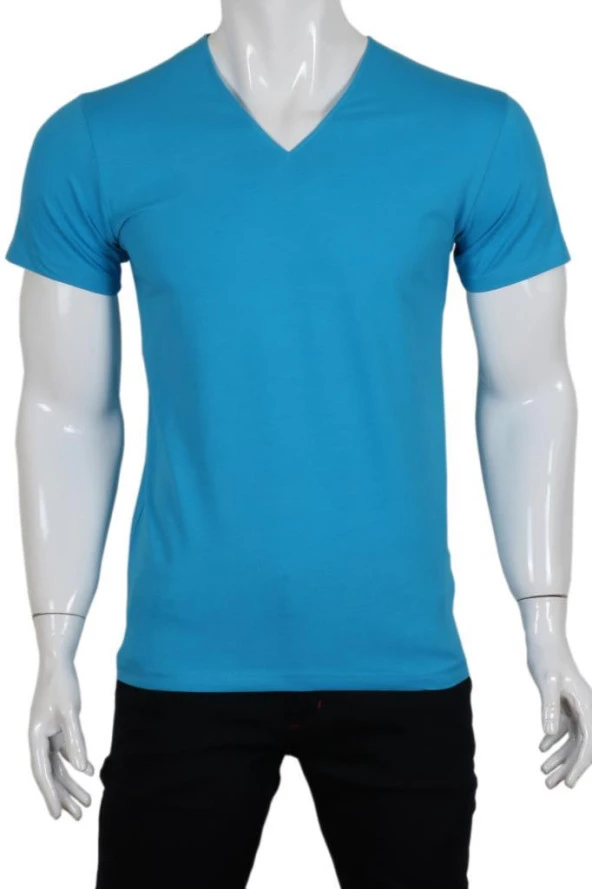 Erkek Tişört Dar Kesim V Yaka RAR00616 Mavi T-Shirt