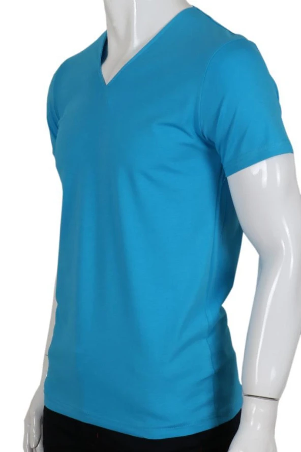 Erkek Tişört Dar Kesim V Yaka RAR00616 Mavi T-Shirt - 3