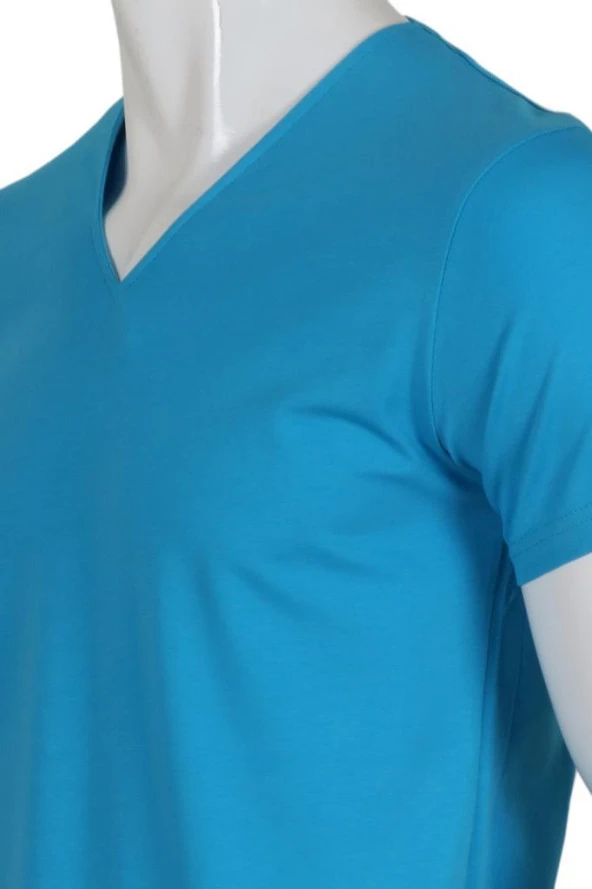 Erkek Tişört Dar Kesim V Yaka RAR00616 Mavi T-Shirt - 4