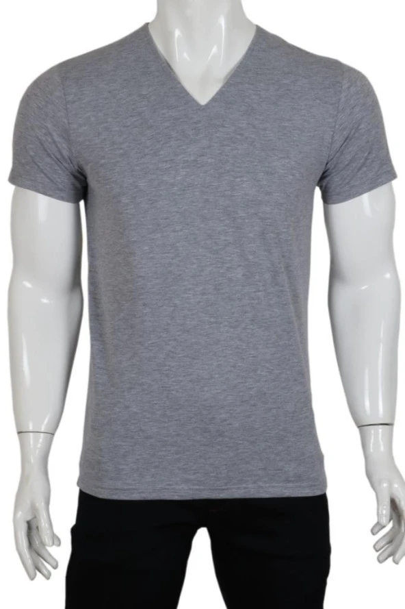 Erkek Tişört Dar Kesim V Yaka RAR00617 Gri T-Shirt