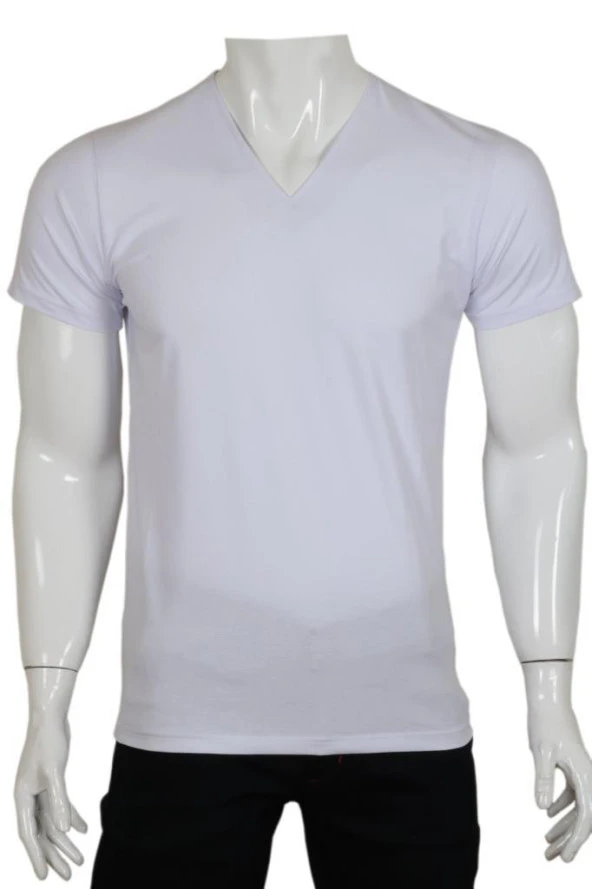 Erkek Tişört Dar Kesim V Yaka RAR00618 Beyaz T-Shirt