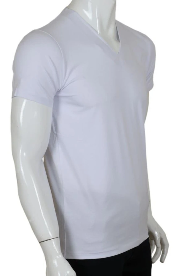 Erkek Tişört Dar Kesim V Yaka RAR00618 Beyaz T-Shirt - 2