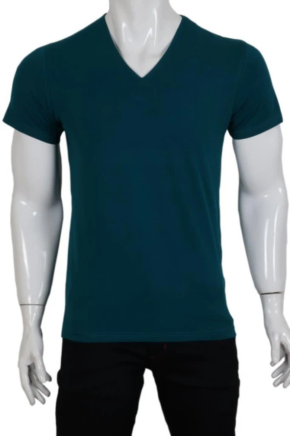 Erkek Tişört Dar Kesim V Yaka RAR00619 Petrol Rengi T-Shirt