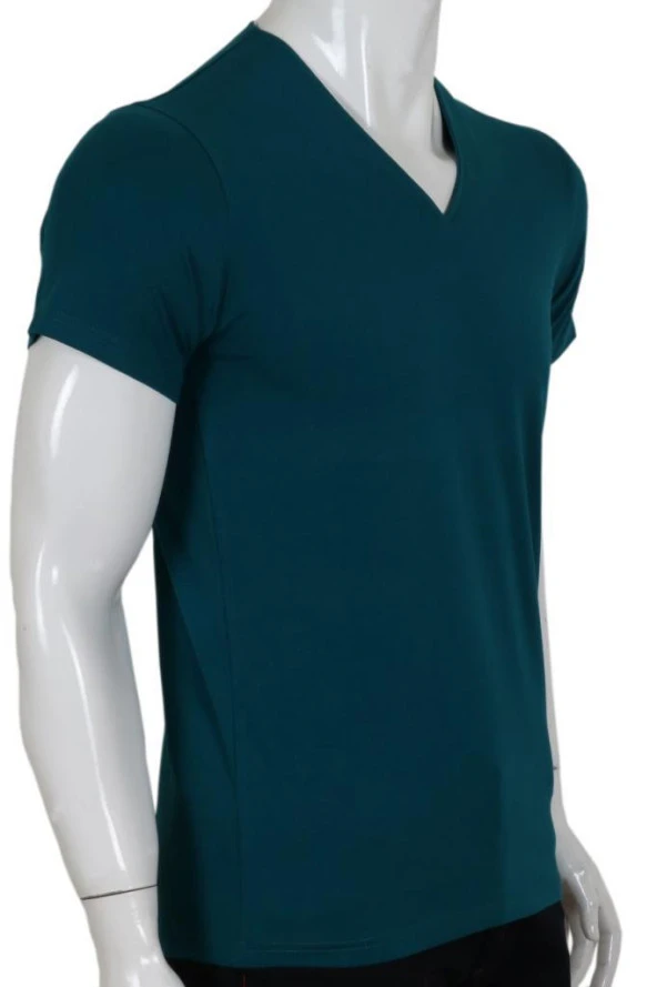 Erkek Tişört Dar Kesim V Yaka RAR00619 Petrol Rengi T-Shirt - 2