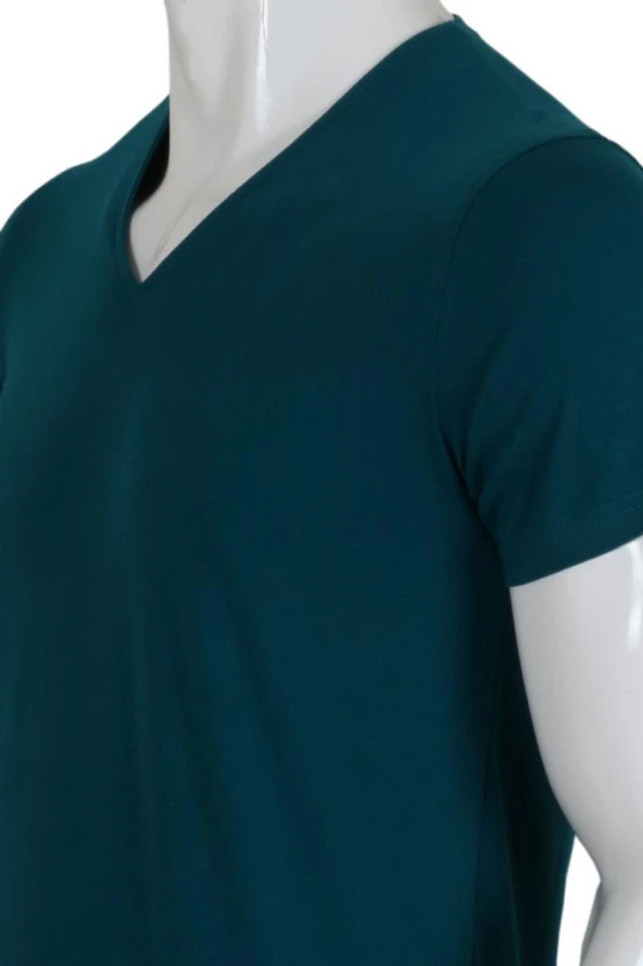 Erkek Tişört Dar Kesim V Yaka RAR00619 Petrol Rengi T-Shirt - 4