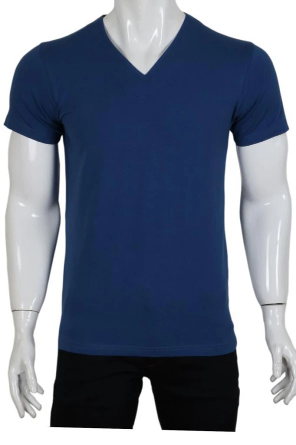 Erkek Tişört Dar Kesim V Yaka RAR00620 İndigo T-Shirt
