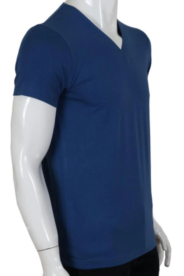 Erkek Tişört Dar Kesim V Yaka RAR00620 İndigo T-Shirt - 2