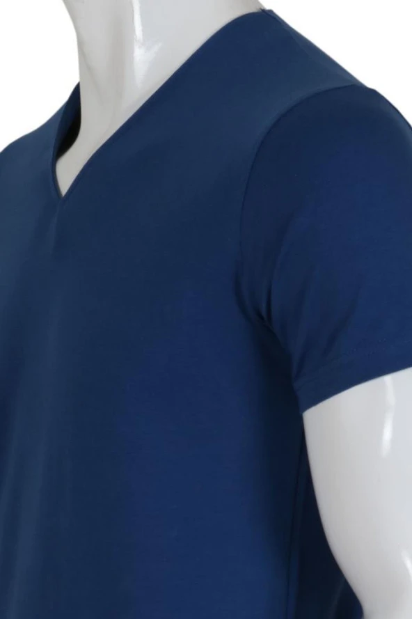 Erkek Tişört Dar Kesim V Yaka RAR00620 İndigo T-Shirt - 4