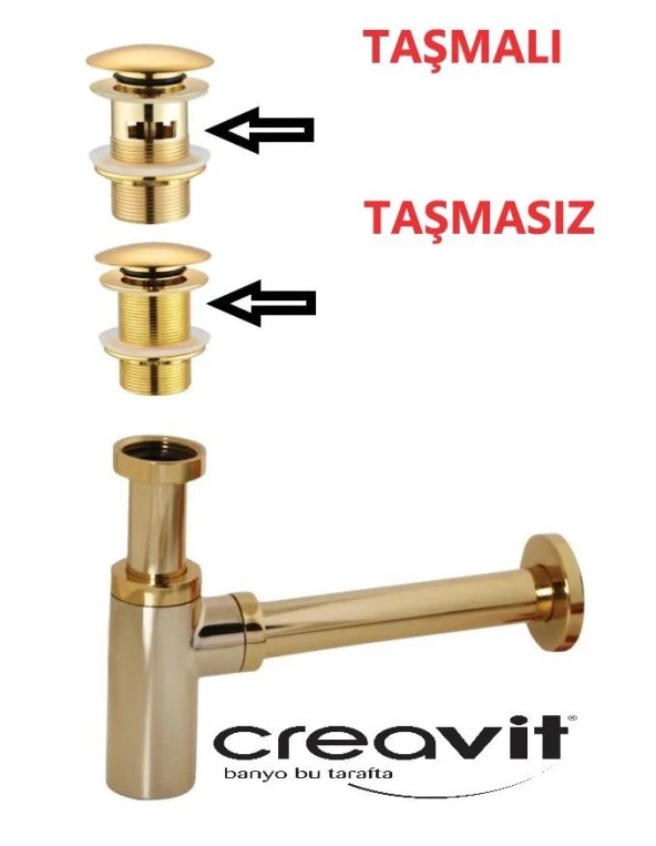 Creavit Lavabo Sifonu Altın SF198G Ve Üst Pop-up Sifon Başlık