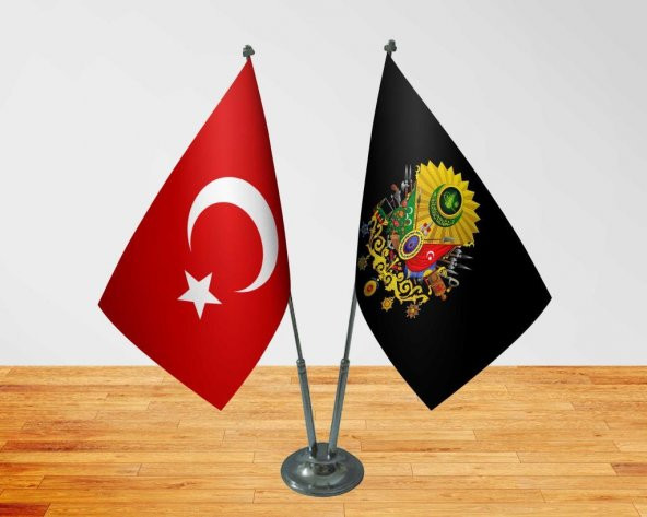 Masa Üstü Siyah Osmanlı Arması Türk Bayrağı İkili Krom Direk Masa Bayrağı