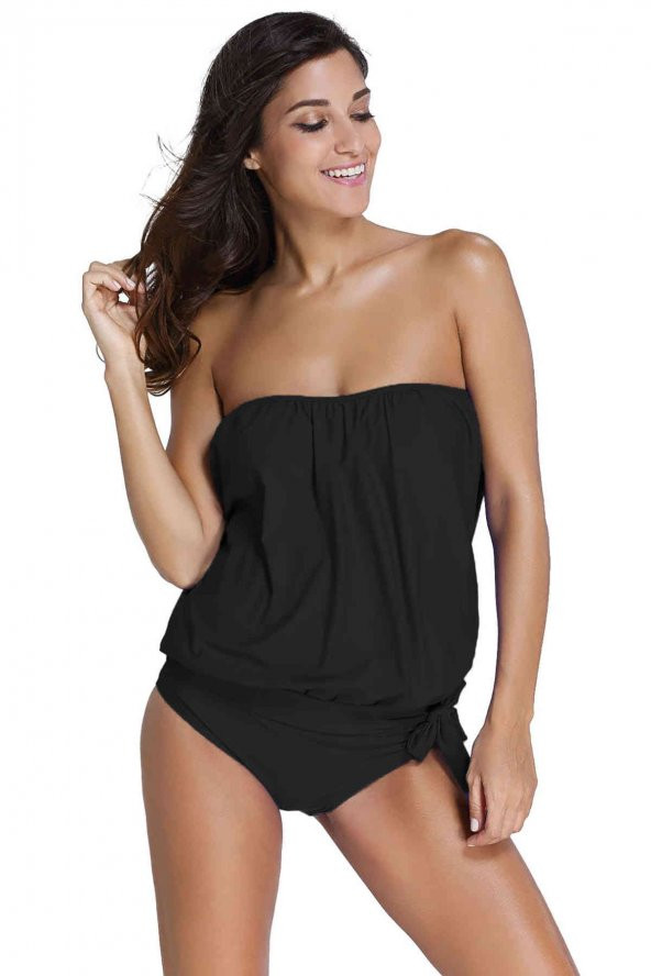Angelsin Siyah Uzun Tankini Bikini Takım - 1