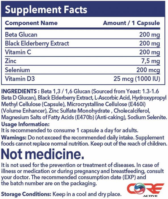 Beta Glucan Black Elderry Extract Vitamin C + D3 ZINC + Selenium 30 Vejetaryan kapsül - 2