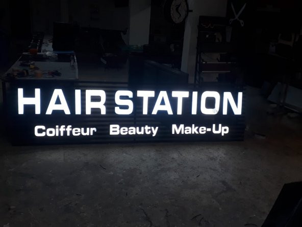 Kutu Harf Tabela Kompozit LED Işıklı Hair Station Berber Kuaför Tabelası 30x45 cm Tabela Boyut Verin - 4