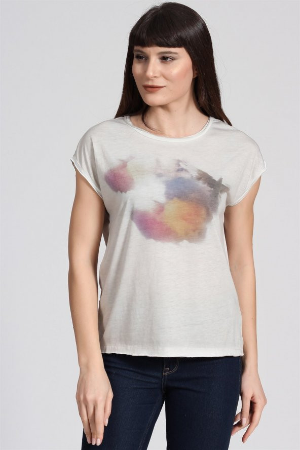 Gökkuşağı Baskılı Basıc Tshirt-BEJ