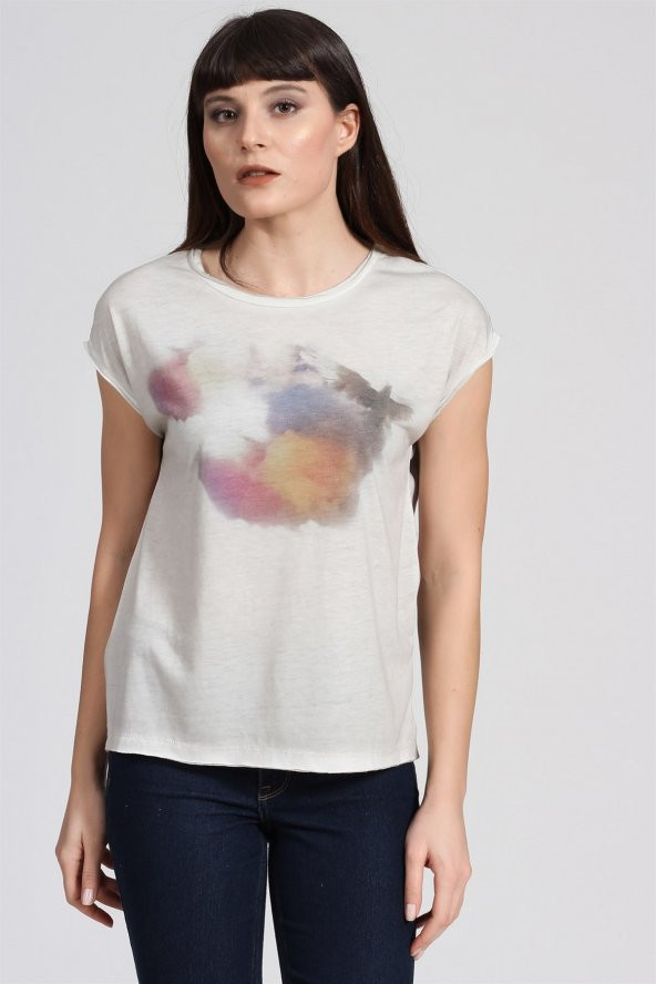 Gökkuşağı Baskılı Basıc Tshirt-BEJ - 2