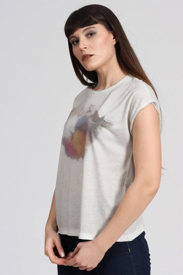 Gökkuşağı Baskılı Basıc Tshirt-BEJ - 3