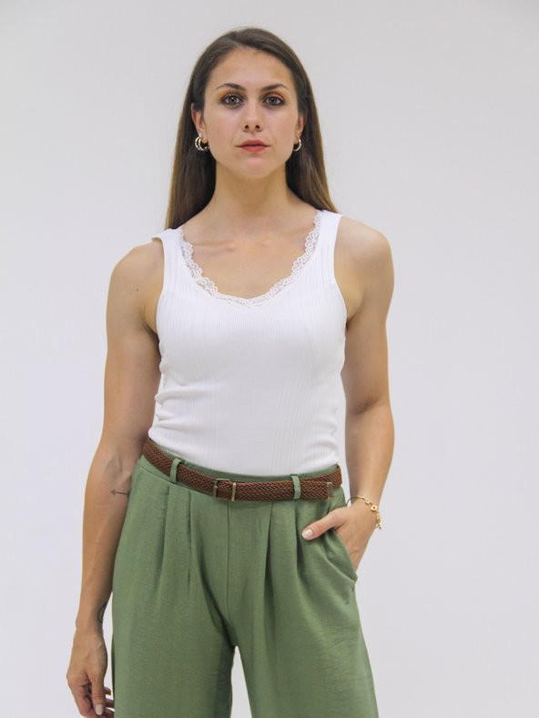 Kadın Haki Yeşil Bol Paça Pantolon - Beli Lastikli Pantolon