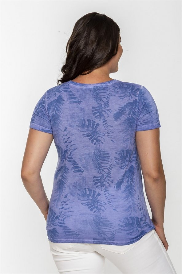 V Yaka Büyük Yaprak Desen Yağ Yıkama Tshirt-MAVİ - 4