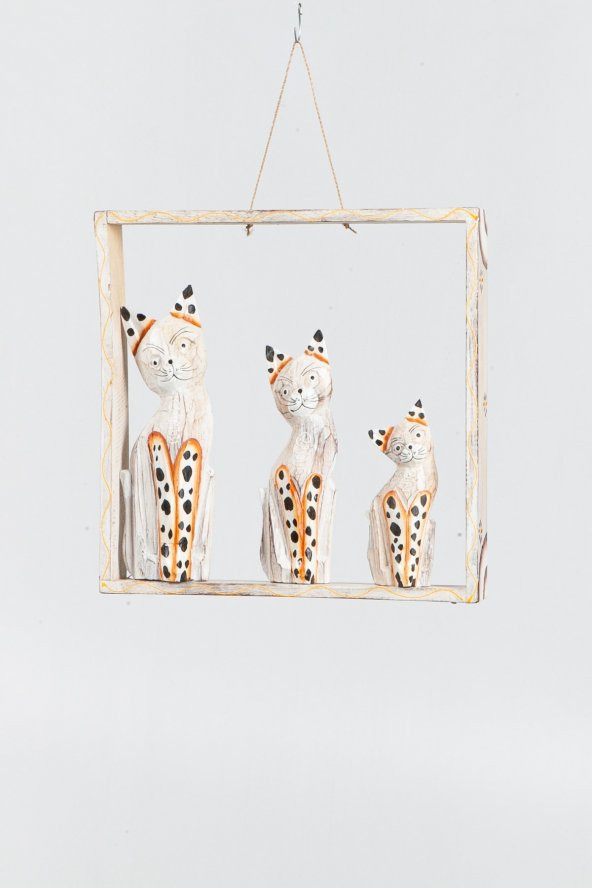 Ahşap Çerçeve Üçlü Kedi Duvar Süsü Kahve 30 cm - 2