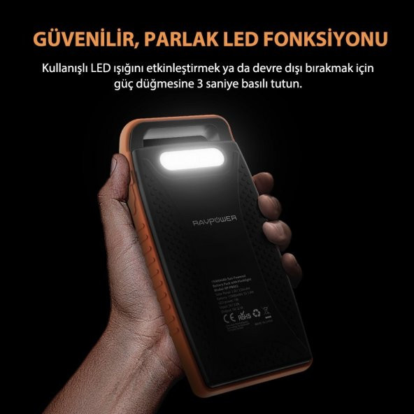 RAVPower RP-PB003 15000mAh IPX4 Outdoor Güneş Enerjili ve Led Işıklı Taşınabilir Şarj Cihazı Powerba - 6