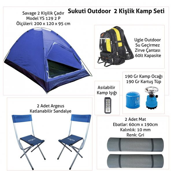 Sukuti Outdoor 2 Kişlik Kamp Seti 9 Parça Zirve Çantası Çadır Sandalye Mat Ocak Tüp Işıldak - 2
