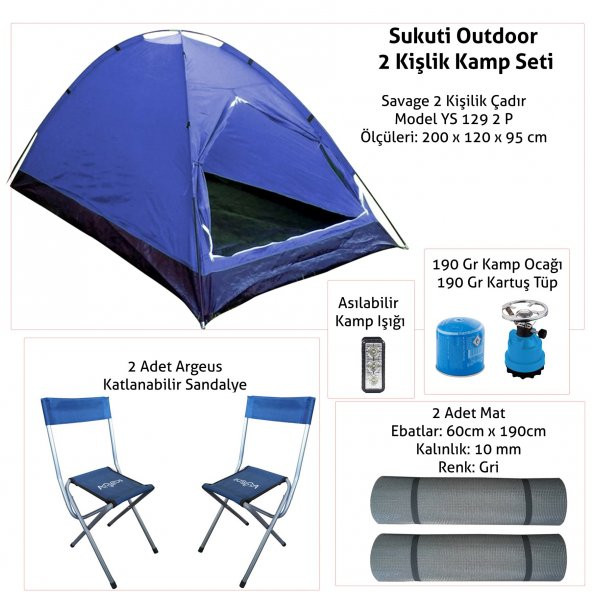Sukuti Outdoor 2 Kişlik Kamp Seti 8 Parça Çadır Sandalye Mat Ocak Tüp Işıldak - 2