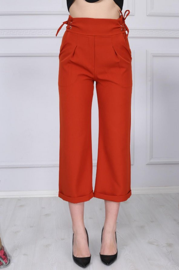 KİREMİT YANDAN BAĞLAMALI KUŞ GÖZÜ KUMAŞ PANTALON - 3