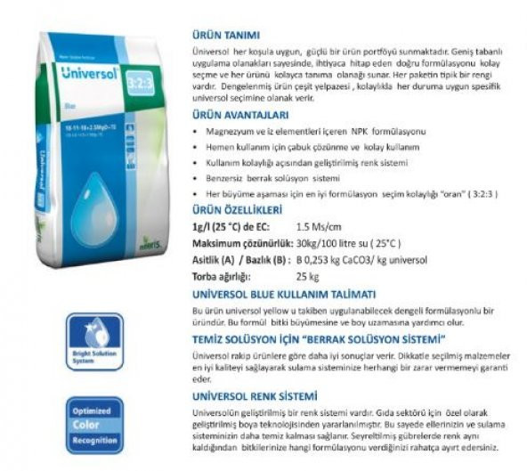 Damlama Sulama Gübresi 200 Gr/100 Litre Su / Universol® Blue 18-11-18+2.5Mg0+TE Kök, Gövde ve Yeşil Aksam Geliştirici Gübre - 2