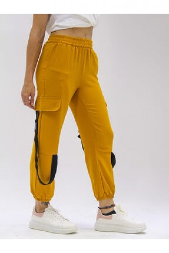 Aerobin Kumaş Hardal Sarı Pantolon Aksesuar Detaylı - Cepli Hardal Sarı Pantolon