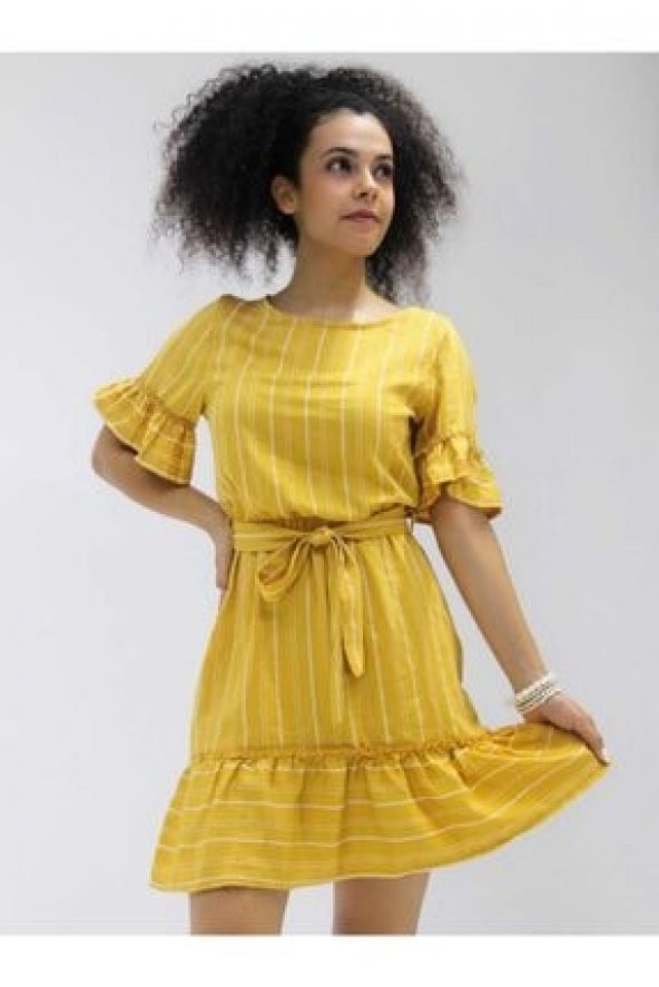 Kadın Sarı Çizgili Elbise - Kuşaklı Sarı Elbise