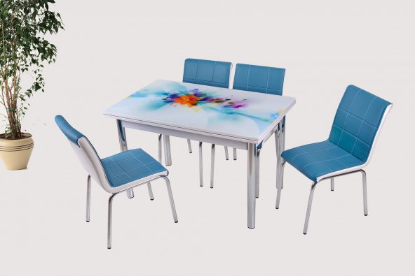 Smart Açılır Cam Masa Mavi Çiçek  4 Adet Monopetli Sandalye Takım