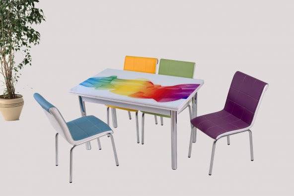 Smart Açılır Cam Masa Şal 4 Adet Monopetli Sandalye Takım