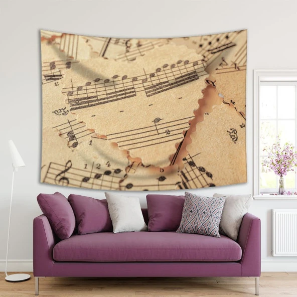 Baskılı Duvar Örtüsü Kalp Parçalı Müzik Notalı Deseni