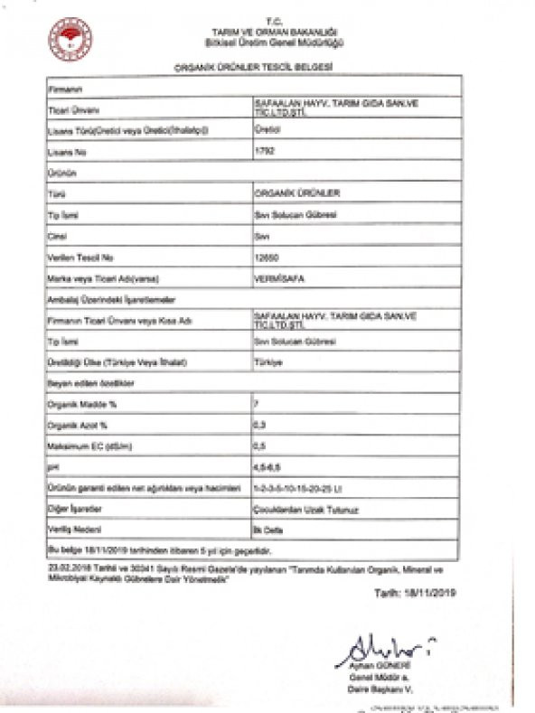 Vermisafa ''100 Organik Konsantre Sıvı Solucan Gübresi 5 Lt - 5