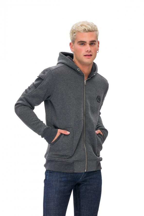 Karinmoda  Günlük Erkek Sweatshirt Kolları Nervurlu Gri Cepli - 4