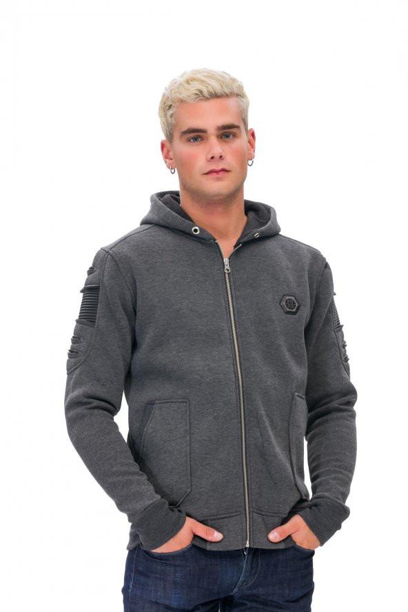 Karinmoda  Günlük Erkek Sweatshirt Kolları Nervurlu Gri Cepli - 5