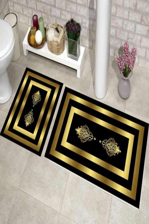 Elit Lüx Dikdörtgen 2li Banyo Paspas Takımı Alberta Siyah Gold - 4