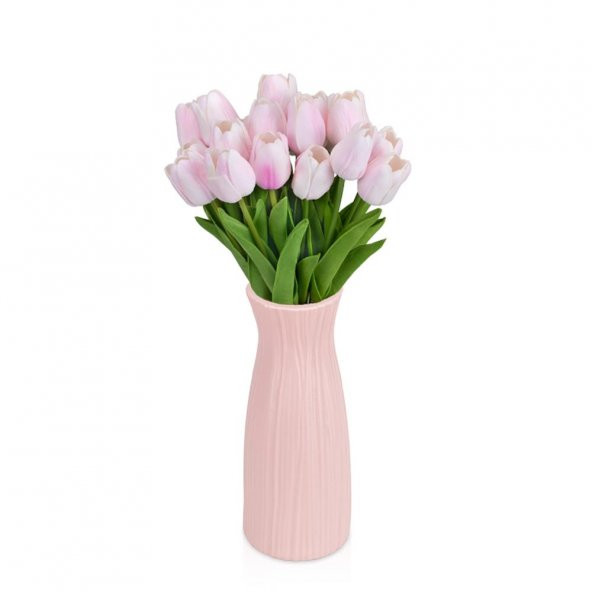 Çizgi Desenli Pembe Plastik Saksıda 20’li Yapay Islak Lale - 6
