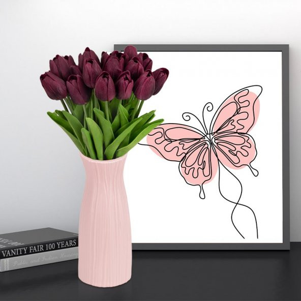 Çizgi Desenli Pembe Plastik Saksıda 20’li Yapay Islak Lale - 7