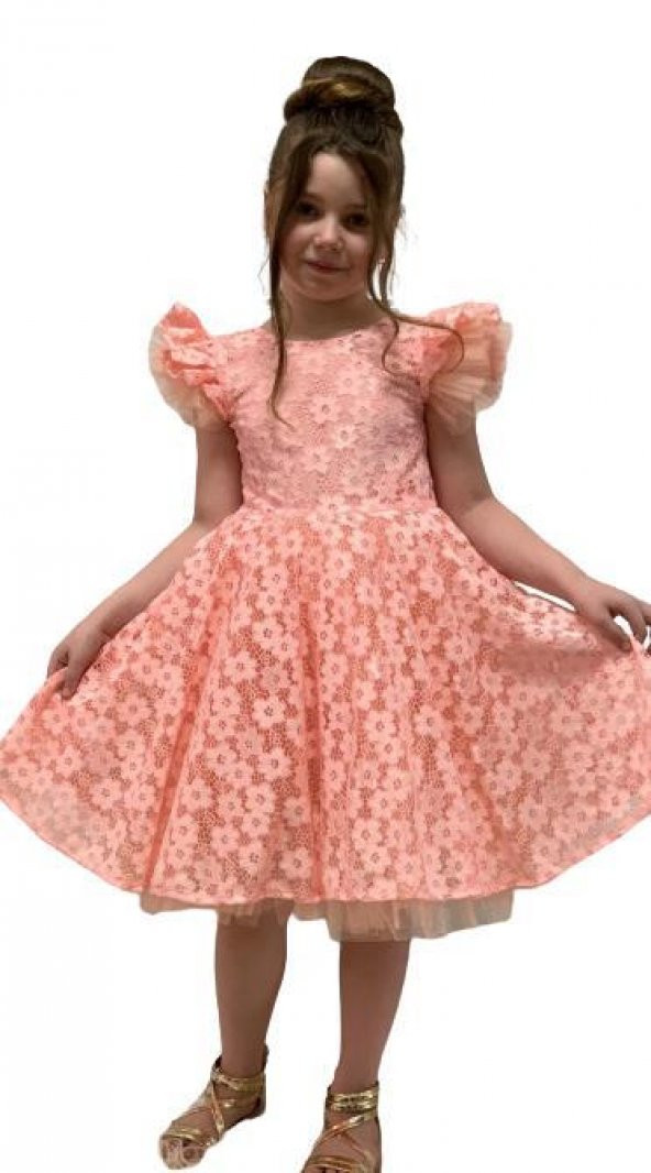 Kız Çocuk Papatya Güpürlü Somon Elbise