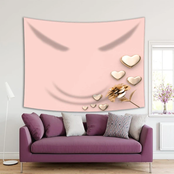 Baskılı Duvar Örtüsü Somon Renklerle Çiçekkten Dağılan Kalpler Desenli