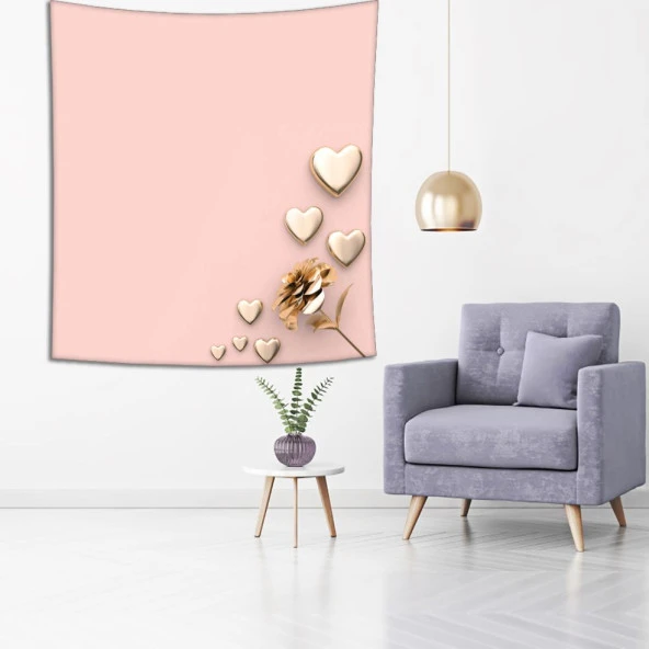 Baskılı Duvar Örtüsü Somon Renklerle Çiçekkten Dağılan Kalpler Desenli - 4