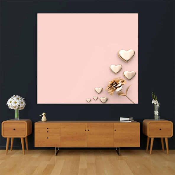 Baskılı Duvar Örtüsü Somon Renklerle Çiçekkten Dağılan Kalpler Desenli - 5