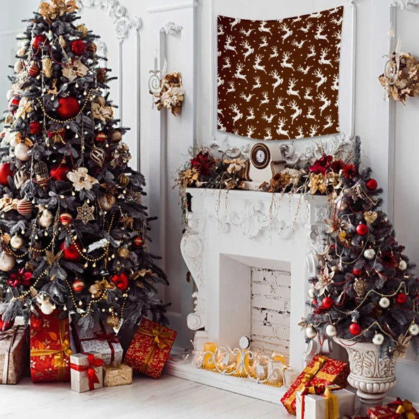 Baskılı Duvar Örtüsü Yeniyıl Noel Kar Beyaz Rengeyiği Temalı Hardal Renk - 2