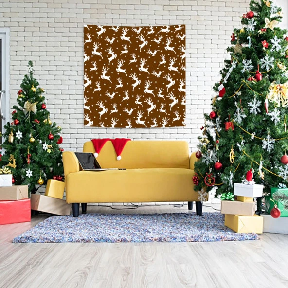 Baskılı Duvar Örtüsü Yeniyıl Noel Kar Beyaz Rengeyiği Temalı Hardal Renk - 4