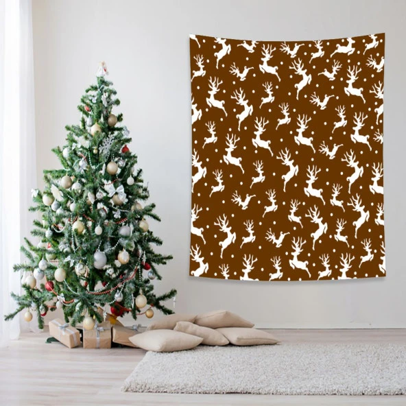 Baskılı Duvar Örtüsü Yeniyıl Noel Kar Beyaz Rengeyiği Temalı Hardal Renk - 5