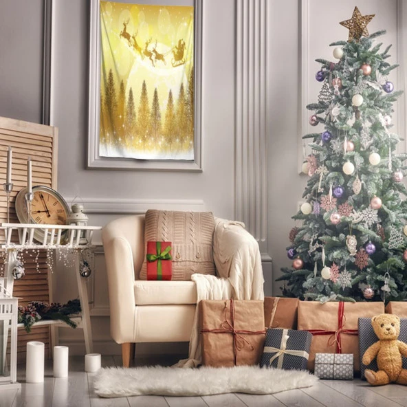 Baskılı Duvar Örtüsü Sarı Gece Ağaçlar Üzerinde Uçan Kızaklı Noel Baba