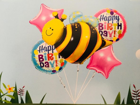 FOLYO BALON BUKET SETİ  HAPPY BİRTHDAY ARI MODELİ 5Lİ D.Ü 65